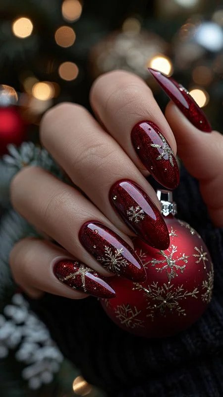 Nail art rouge pailleté réalisé au salon
